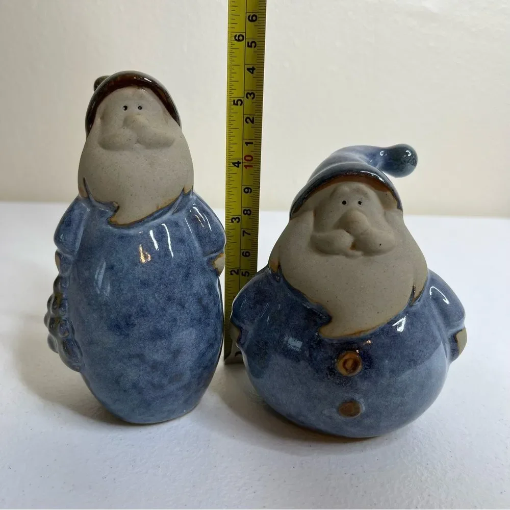 Pair Stoneware Pottery Santas Blue Coats Tall and Short Round Whimsical Folky